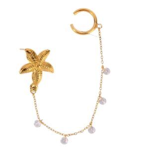 Gold Starfish Chain Pearl Bead Stud Cuff Earring Gold Plated | NWOT